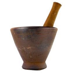 Mortar made of ceramic clay and with wooden pestle